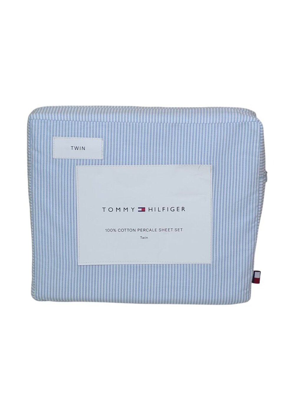Tommy Hilfiger 100% Cotton Percale Twin Sheet Set In Blue & White Stripe Pattern
